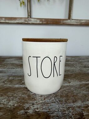 Rae Dunn Canister with Wood Lid - White "STORE" Design